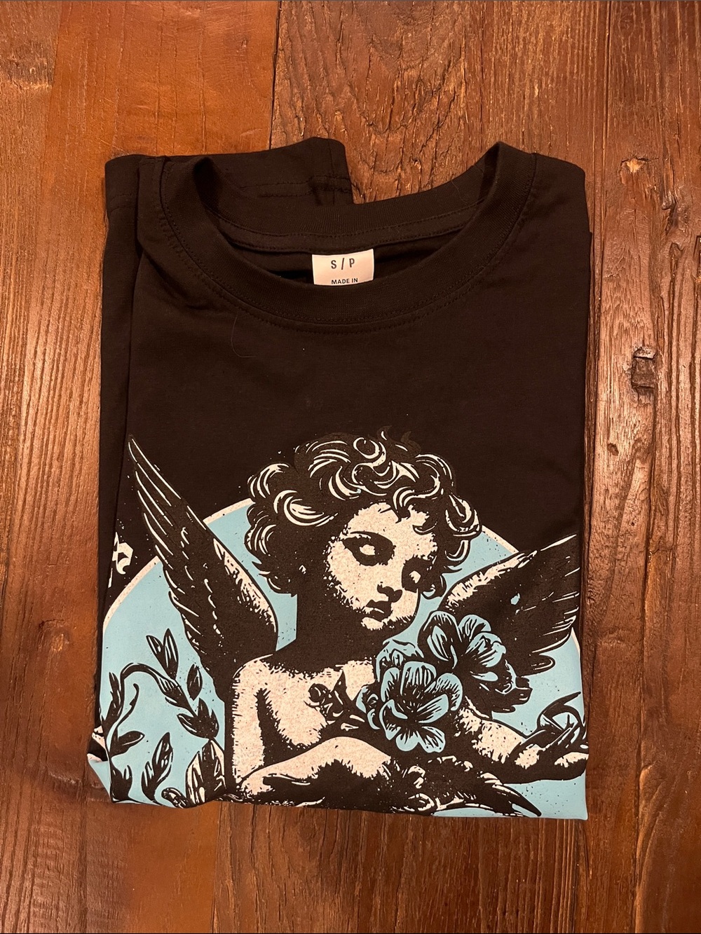 Urban Planet Black Graphic Angel Tee with Light Blue Print